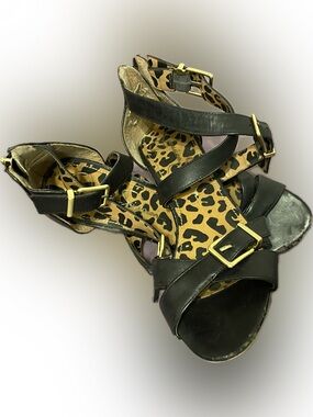 Black Strappy Sandals with Gold Buckles & Zippers by Jessica Simpson